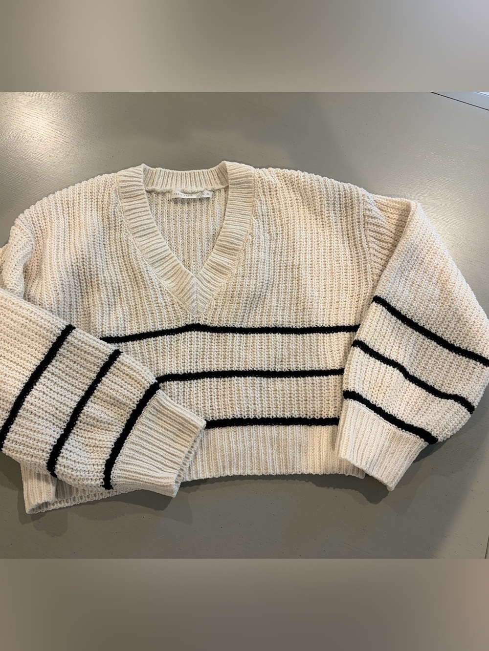 Altar’d State  V-Neck Cropped Sweater with Navy Stripes